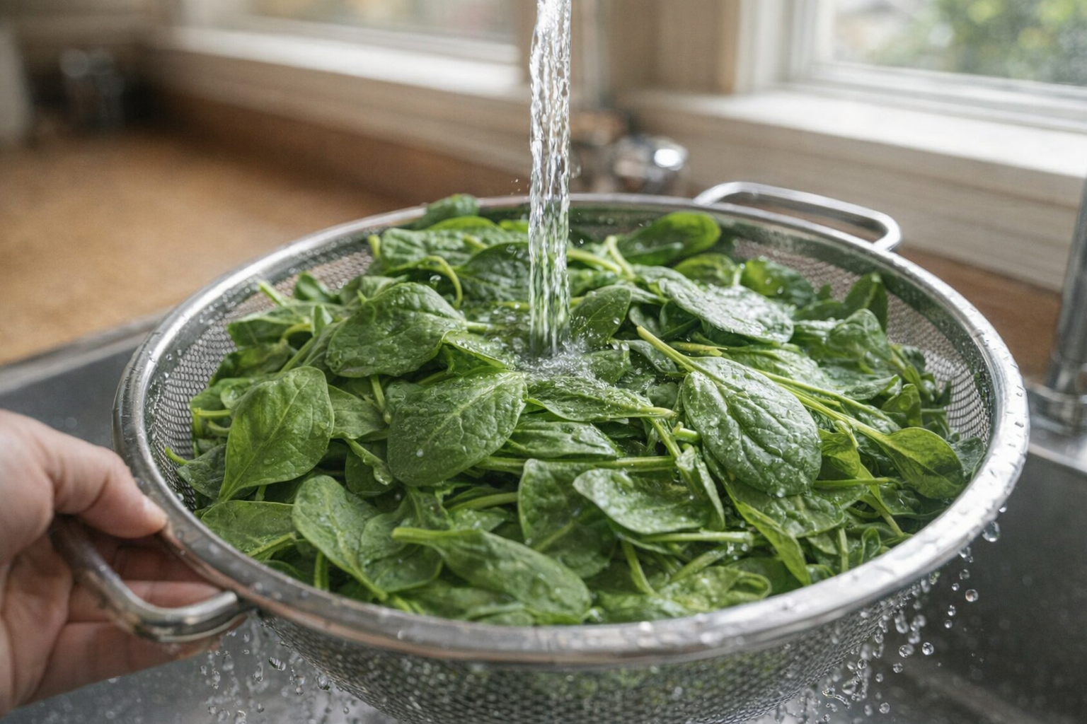 A close-up shot of fresh baby spinach in a colander, being rinsed under running water, bright kitchen lighting